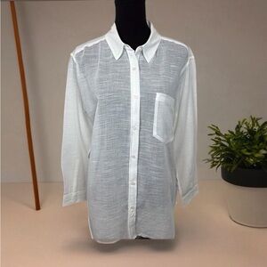 7 For All Mankind Cotton/Linen Blend White Semi-Sheer Button Down Shirt Size L